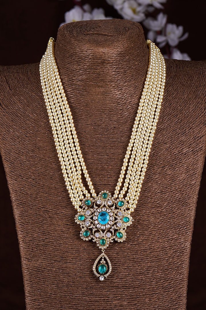 Gold Finish Moissanite Polki & Blue Stone Long Necklace In Sterling Silver by Hunar at Pernia's Pop Up Shop
