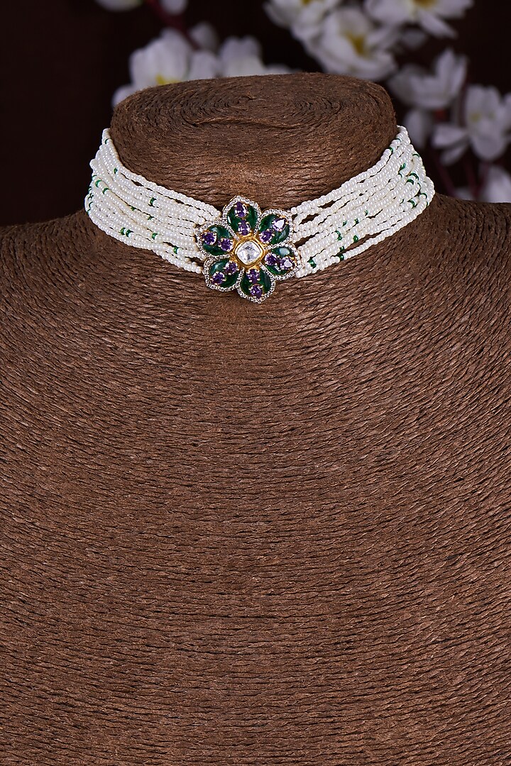 Gold Finish Moissanite Polki & Green Stone Choker Necklace In Sterling Silver by Hunar at Pernia's Pop Up Shop