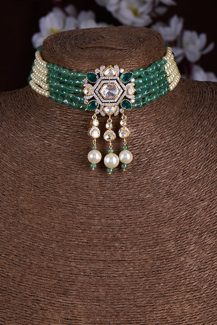 Gold Finish Moissanite Polki & Green Stone Choker Necklace In Sterling Silver by Hunar at Pernia's Pop Up Shop