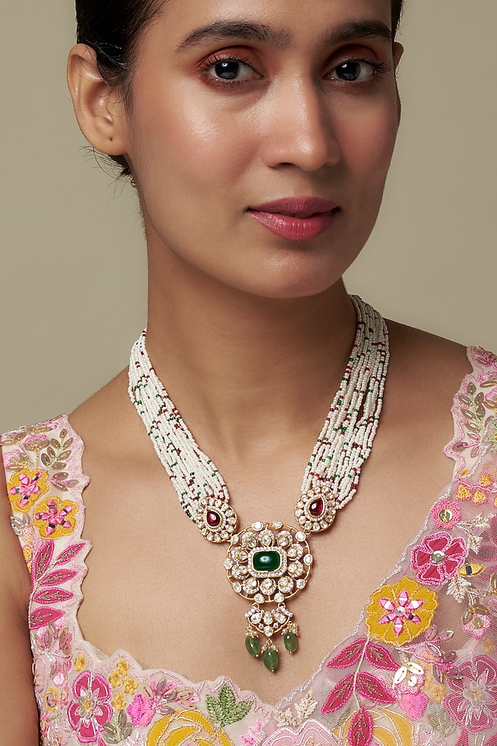 Gold Finish Moissanite Polki & Green Stone Long Necklace In Sterling Silver by Hunar at Pernia's Pop Up Shop