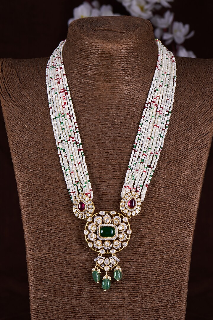 Gold Finish Moissanite Polki & Green Stone Long Necklace In Sterling Silver by Hunar at Pernia's Pop Up Shop
