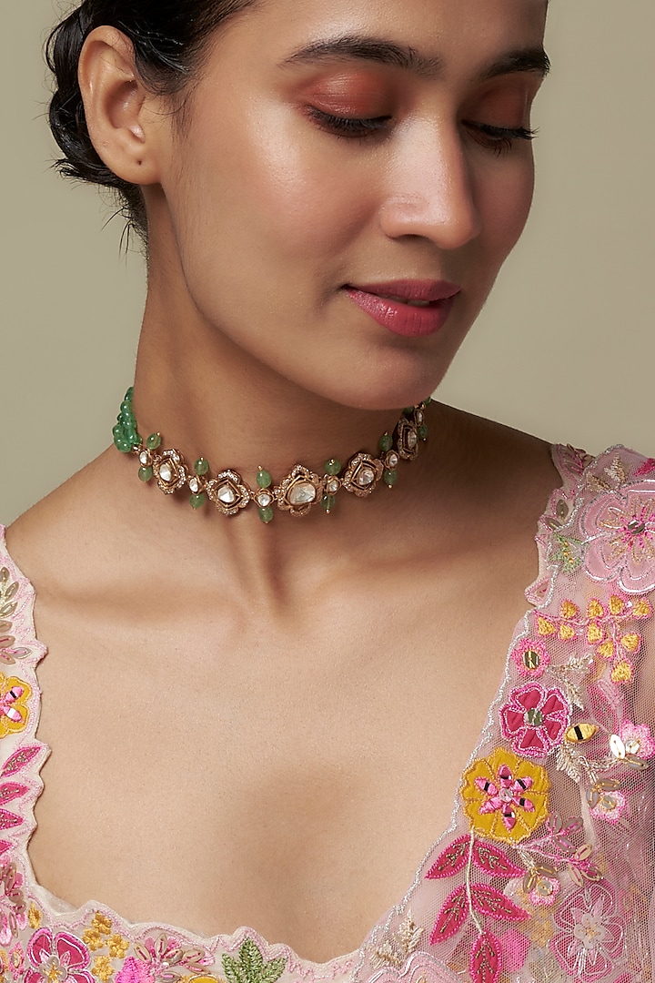 Gold Finish Moissanite Polki & Green Stone Choker Necklace In Sterling Silver by Hunar at Pernia's Pop Up Shop