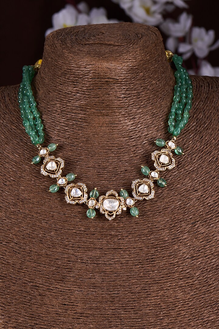 Gold Finish Moissanite Polki & Green Stone Choker Necklace In Sterling Silver by Hunar at Pernia's Pop Up Shop
