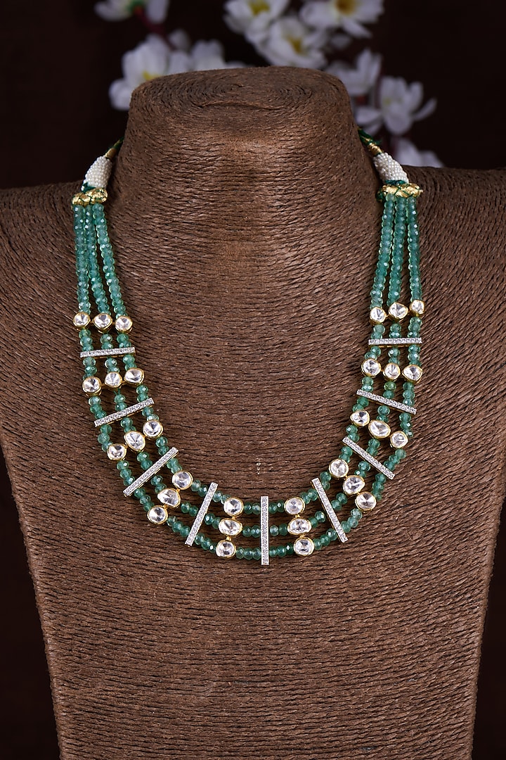 Gold Finish Moissanite Polki & Green Stone Long Necklace In Sterling Silver by Hunar at Pernia's Pop Up Shop