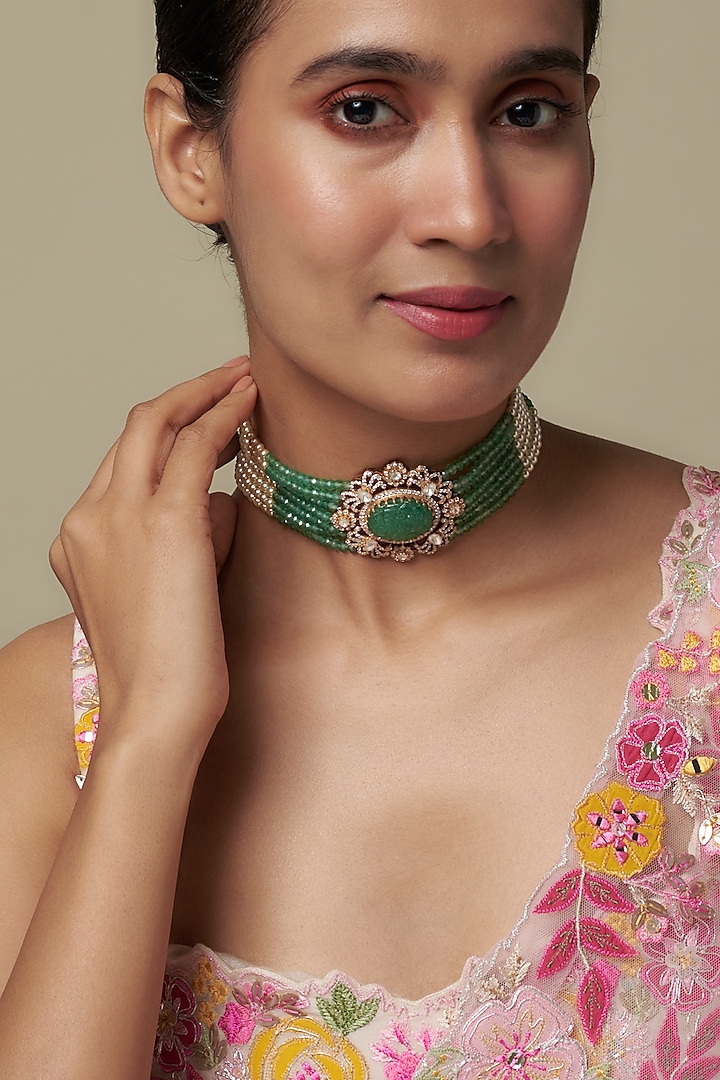 Gold Finish Moissanite Polki & Green Stone Choker Necklace In Sterling Silver by Hunar at Pernia's Pop Up Shop