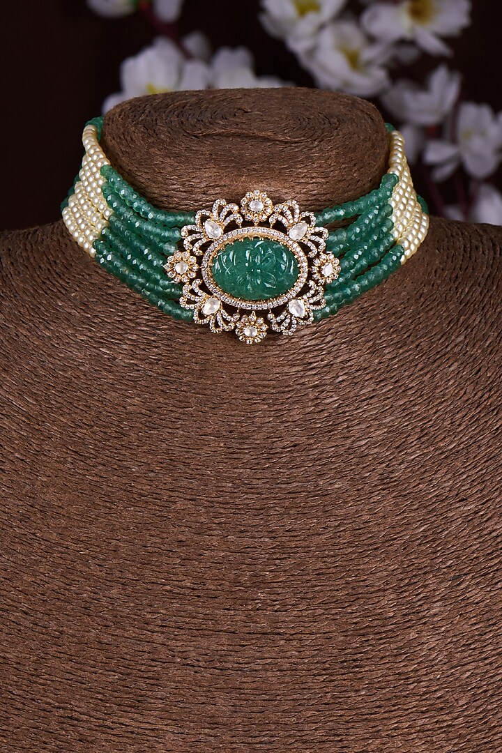 Gold Finish Moissanite Polki & Green Stone Choker Necklace In Sterling Silver by Hunar at Pernia's Pop Up Shop
