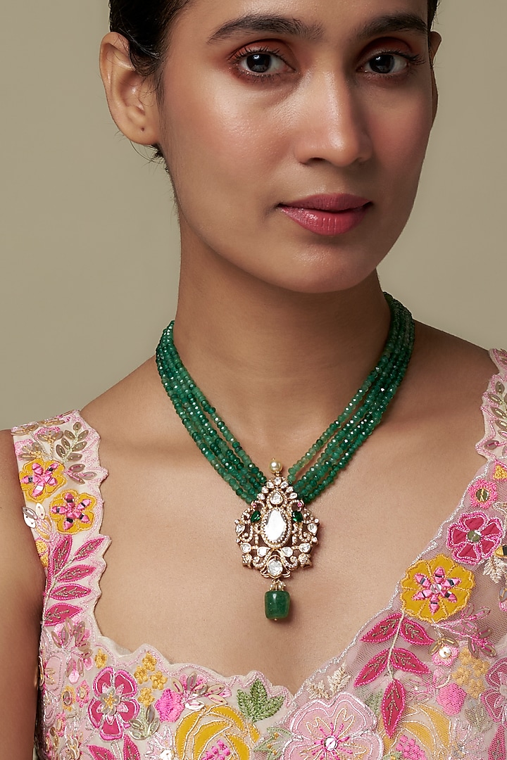 Gold Finish Moissanite Polki & Green Stone Long Necklace In Sterling Silver by Hunar at Pernia's Pop Up Shop