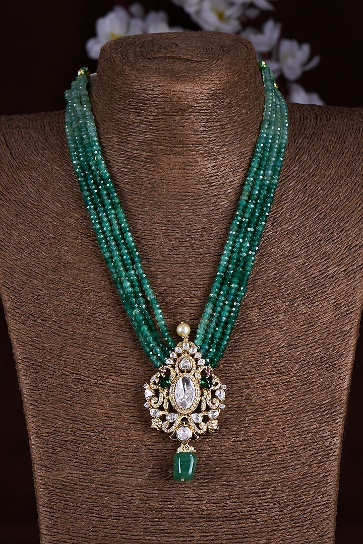 Gold Finish Moissanite Polki & Green Stone Long Necklace In Sterling Silver by Hunar at Pernia's Pop Up Shop
