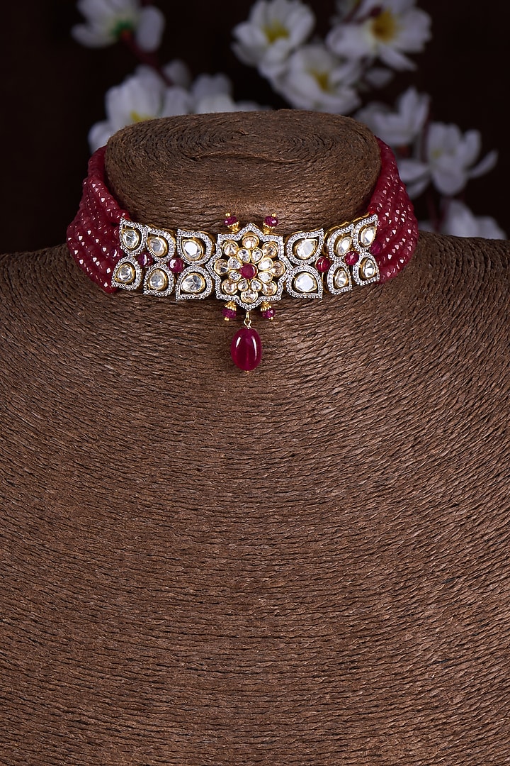 Gold Finish Moissanite Polki & Red Stone Choker Necklace In Sterling Silver by Hunar at Pernia's Pop Up Shop