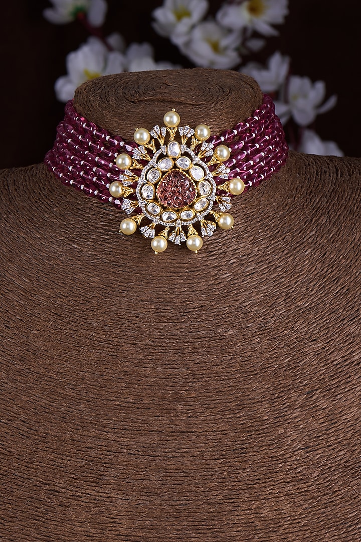 Gold Finish Moissanite Polki & Red Stone Choker Necklace In Sterling Silver by Hunar at Pernia's Pop Up Shop