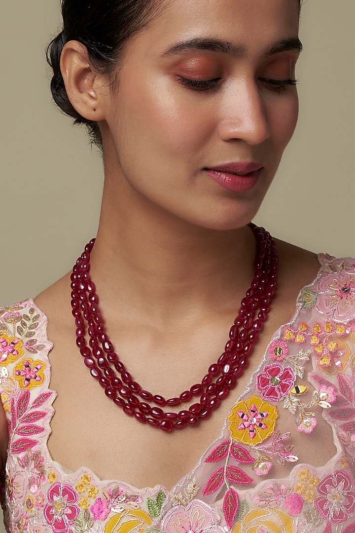 Gold Finish Moissanite Polki & Red Stone Long Necklace In Sterling Silver by Hunar at Pernia's Pop Up Shop