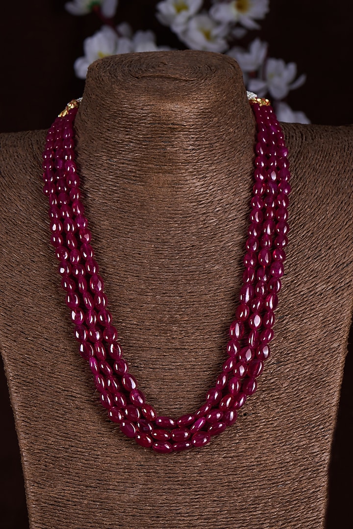 Gold Finish Moissanite Polki & Red Stone Long Necklace In Sterling Silver by Hunar at Pernia's Pop Up Shop