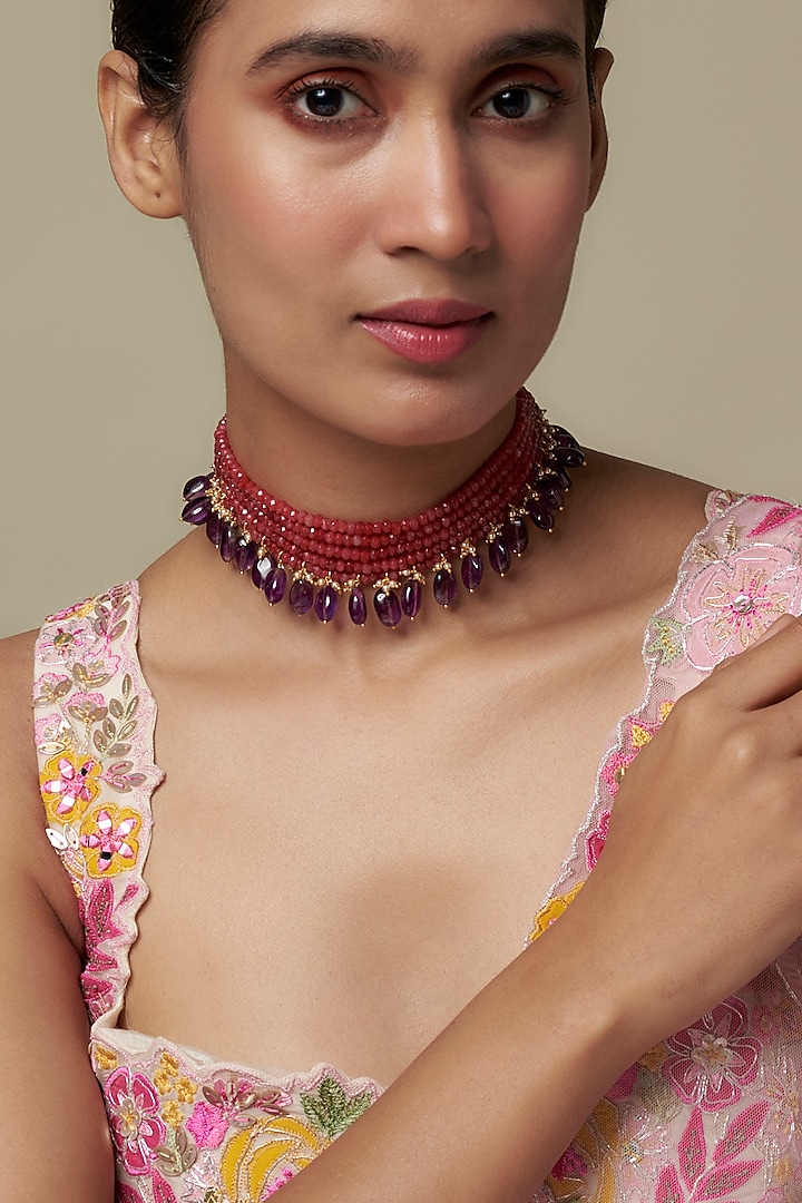 Gold Finish Moissanite Polki & Red Stone Choker Necklace In Sterling Silver by Hunar at Pernia's Pop Up Shop