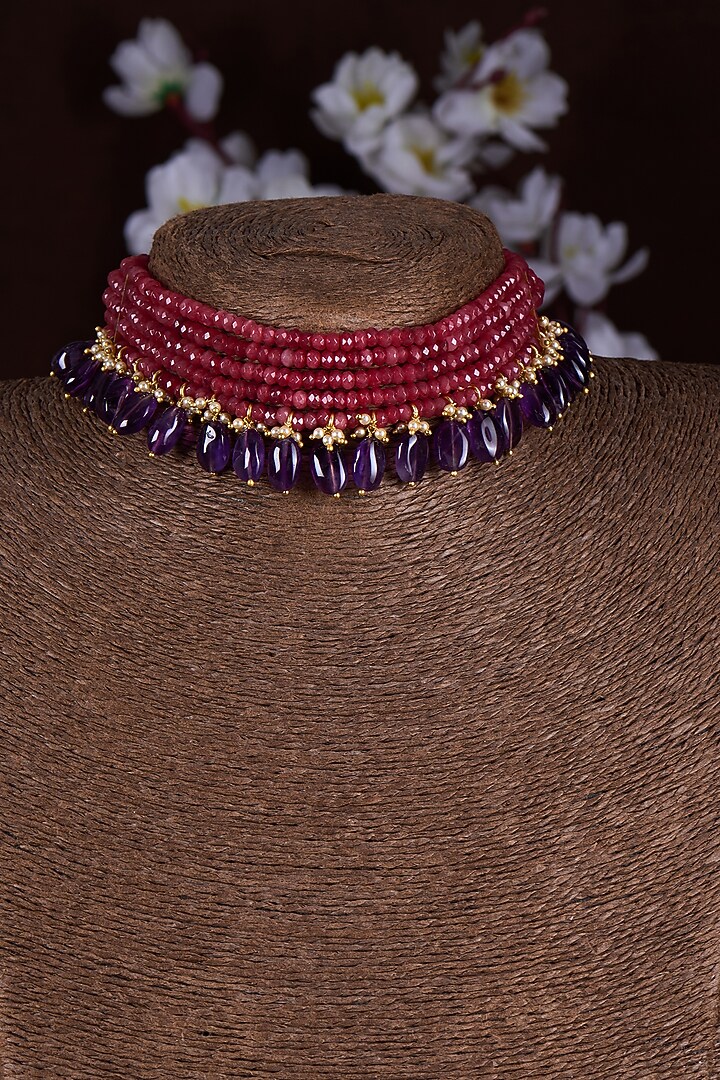 Gold Finish Moissanite Polki & Red Stone Choker Necklace In Sterling Silver by Hunar at Pernia's Pop Up Shop
