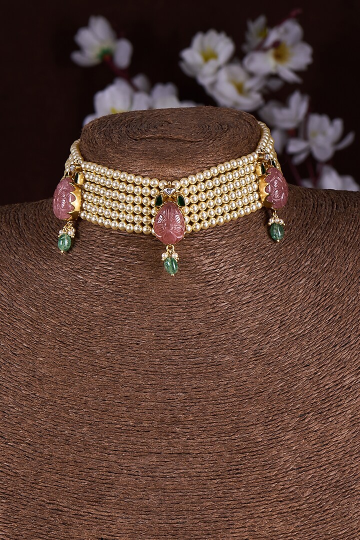 Gold Finish Moissanite Polki & Red Stone Choker Necklace In Sterling Silver by Hunar at Pernia's Pop Up Shop