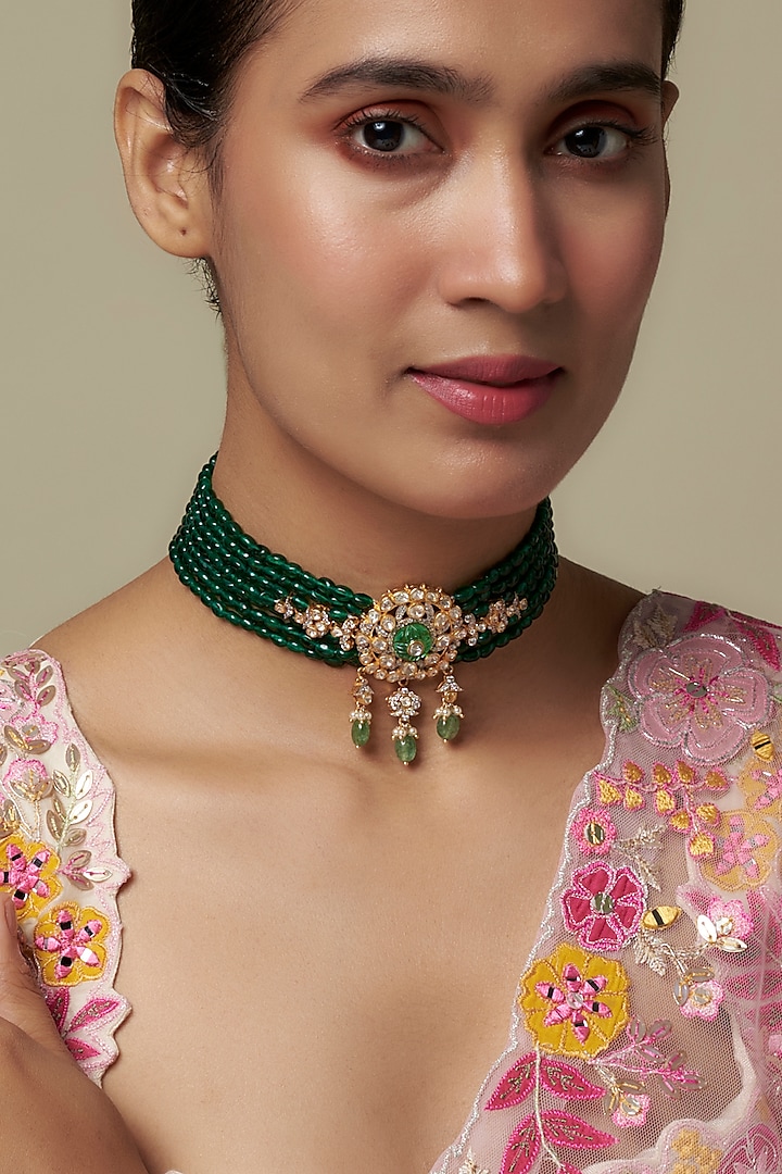 Gold Finish Moissanite Polki & Green Stone Choker Necklace In Sterling Silver by Hunar at Pernia's Pop Up Shop