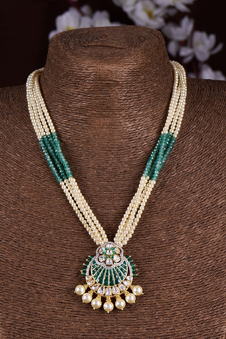 Gold Finish Moissanite Polki & Green Stone Long Necklace In Sterling Silver by Hunar at Pernia's Pop Up Shop