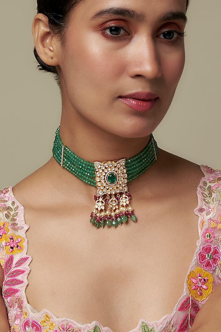 Gold Finish Moissanite Polki & Green Stone Choker Necklace In Sterling Silver by Hunar at Pernia's Pop Up Shop