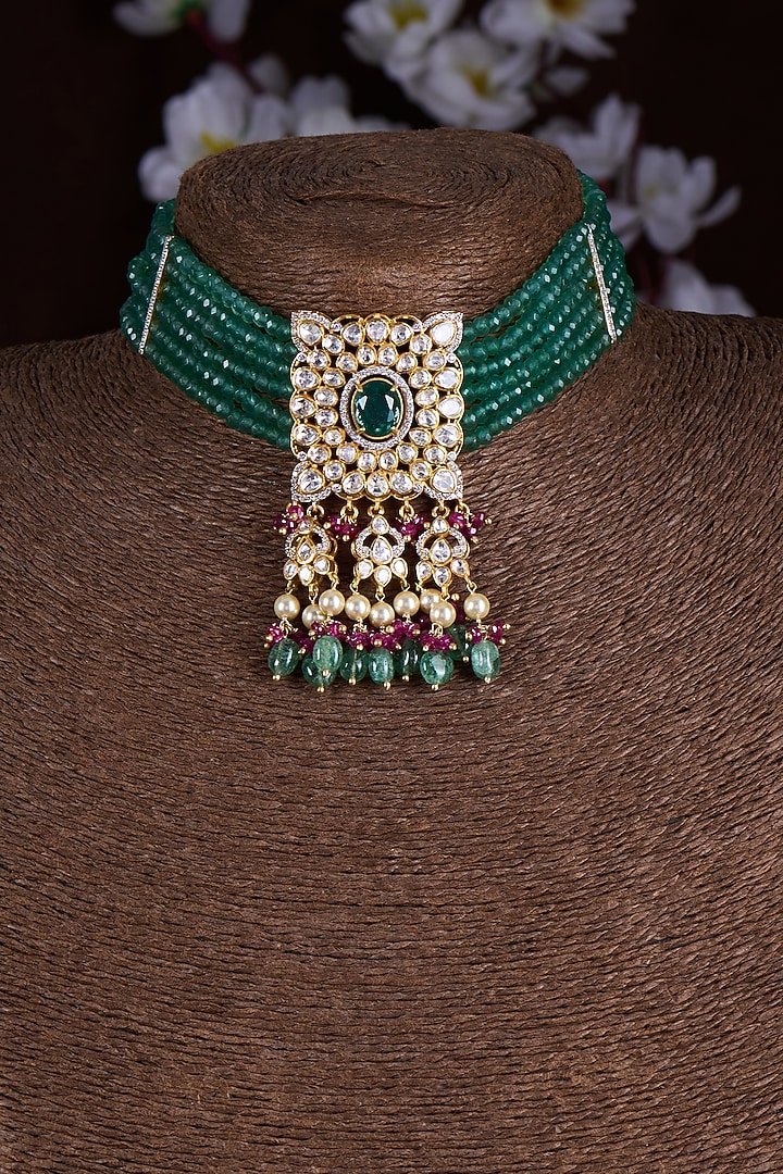 Gold Finish Moissanite Polki & Green Stone Choker Necklace In Sterling Silver by Hunar at Pernia's Pop Up Shop