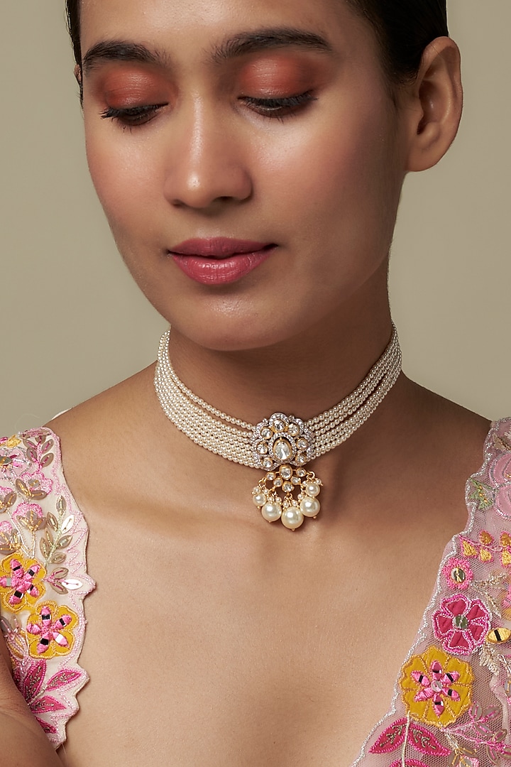 Gold Finish Moissanite Polki Choker Necklace In Sterling Silver by Hunar at Pernia's Pop Up Shop