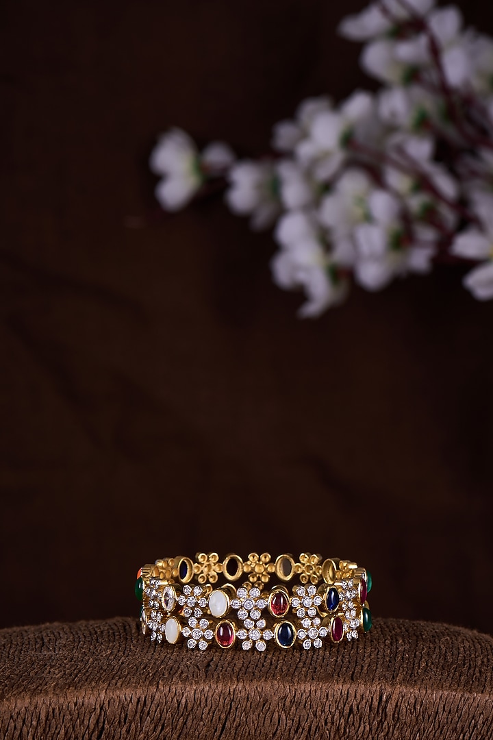 Gold Finish Moissanite Polki & Multi-Colored Stone Bangles In Sterling Silver (Set Of 2) by Hunar at Pernia's Pop Up Shop
