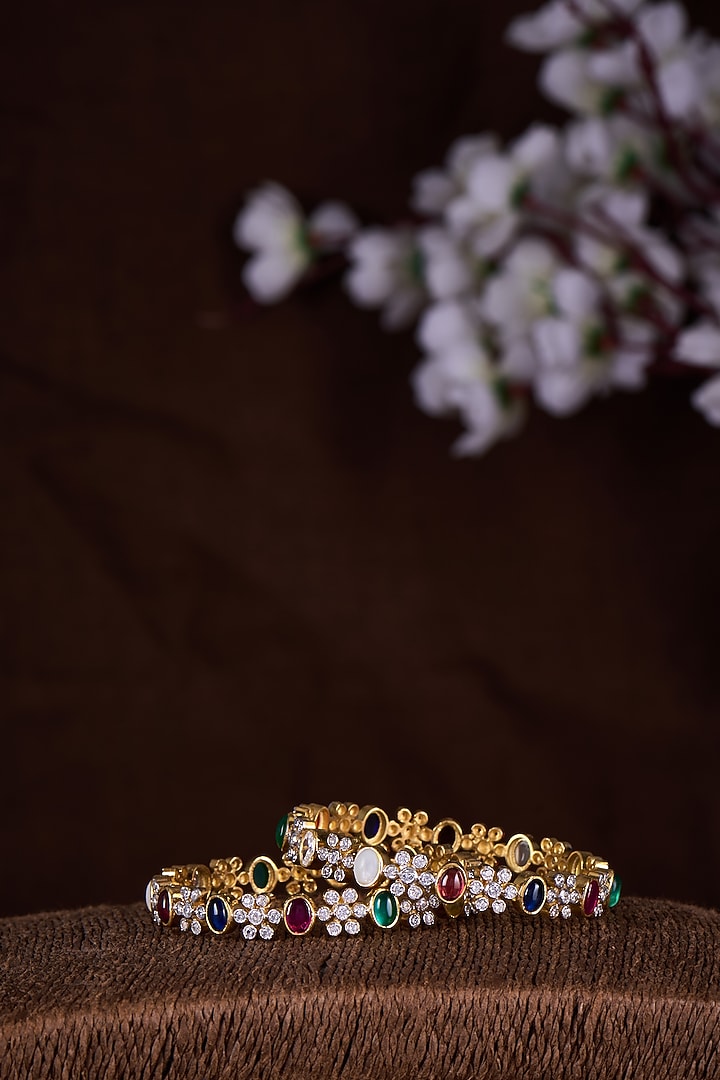 Gold Finish Moissanite Polki & Multi-Colored Stone Bangles In Sterling Silver (Set Of 2) by Hunar at Pernia's Pop Up Shop