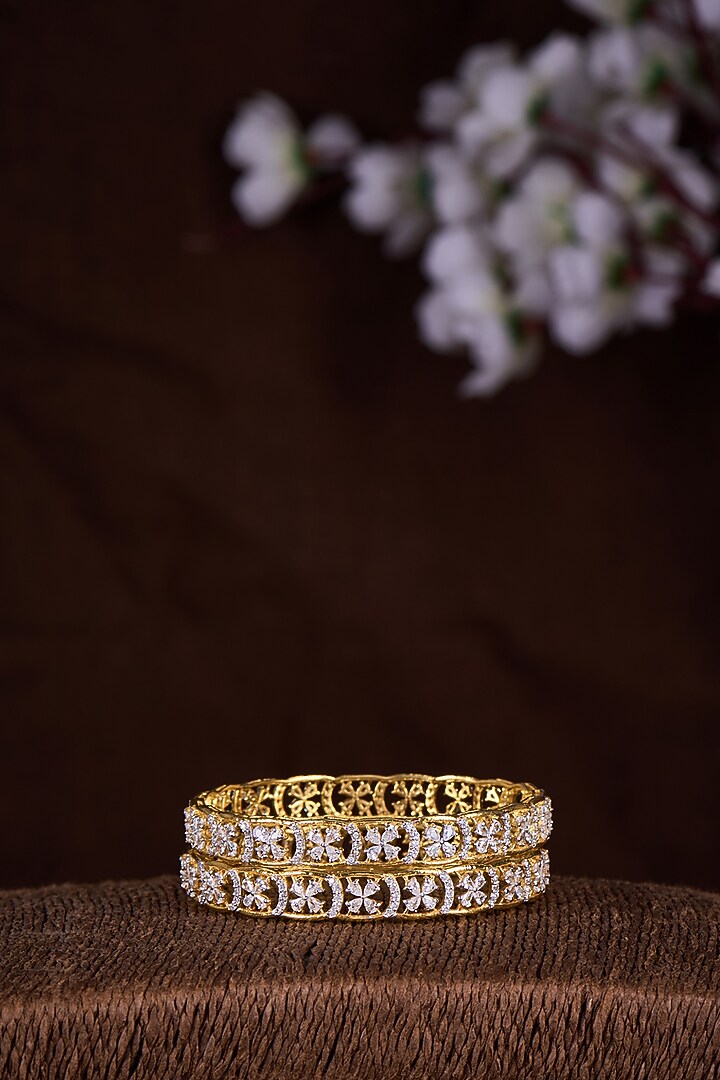 Gold Finish Moissanite Polki Bangles In Sterling Silver (Set Of 2) by Hunar at Pernia's Pop Up Shop