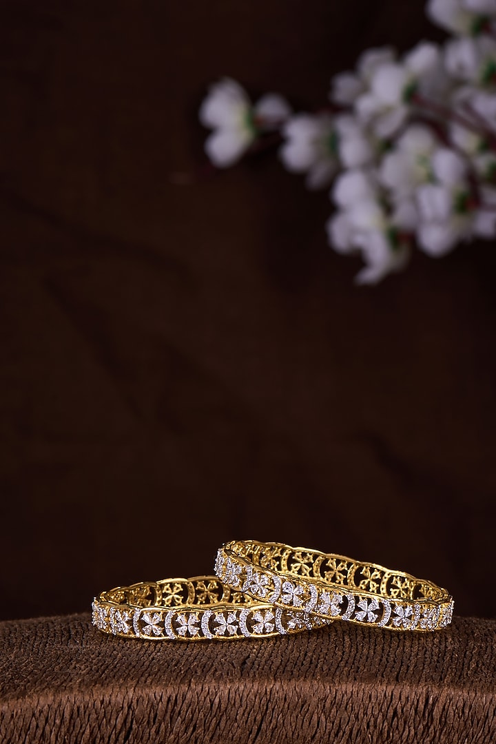Gold Finish Moissanite Polki Bangles In Sterling Silver (Set Of 2) by Hunar at Pernia's Pop Up Shop