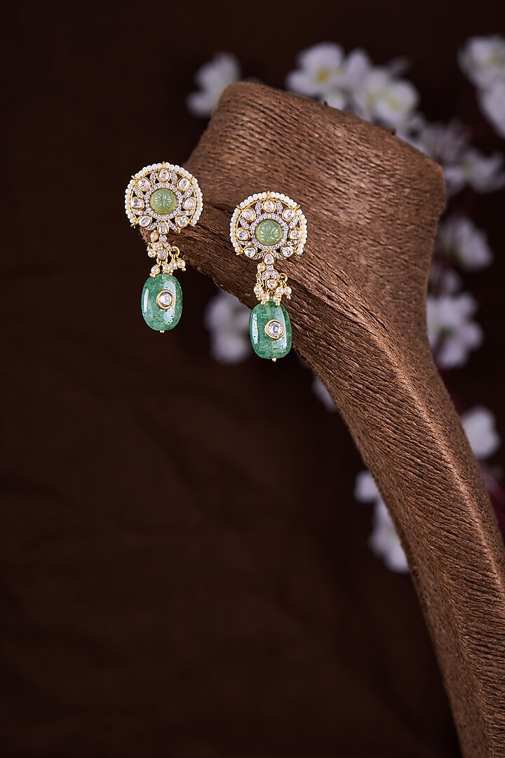 Gold Finish Moissanite Polki & Green Stone Dangler Earrings In Sterling Silver by Hunar at Pernia's Pop Up Shop