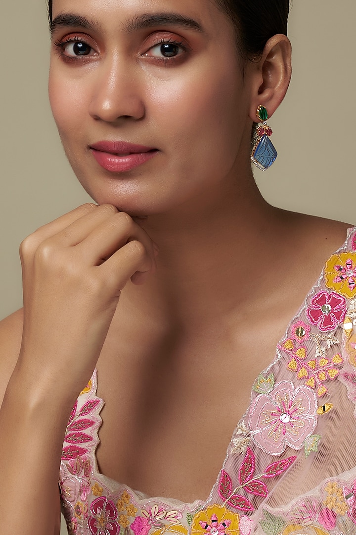 Gold Finish Moissanite Polki & Multi-Colored Stone Dangler Earrings In Sterling Silver by Hunar at Pernia's Pop Up Shop