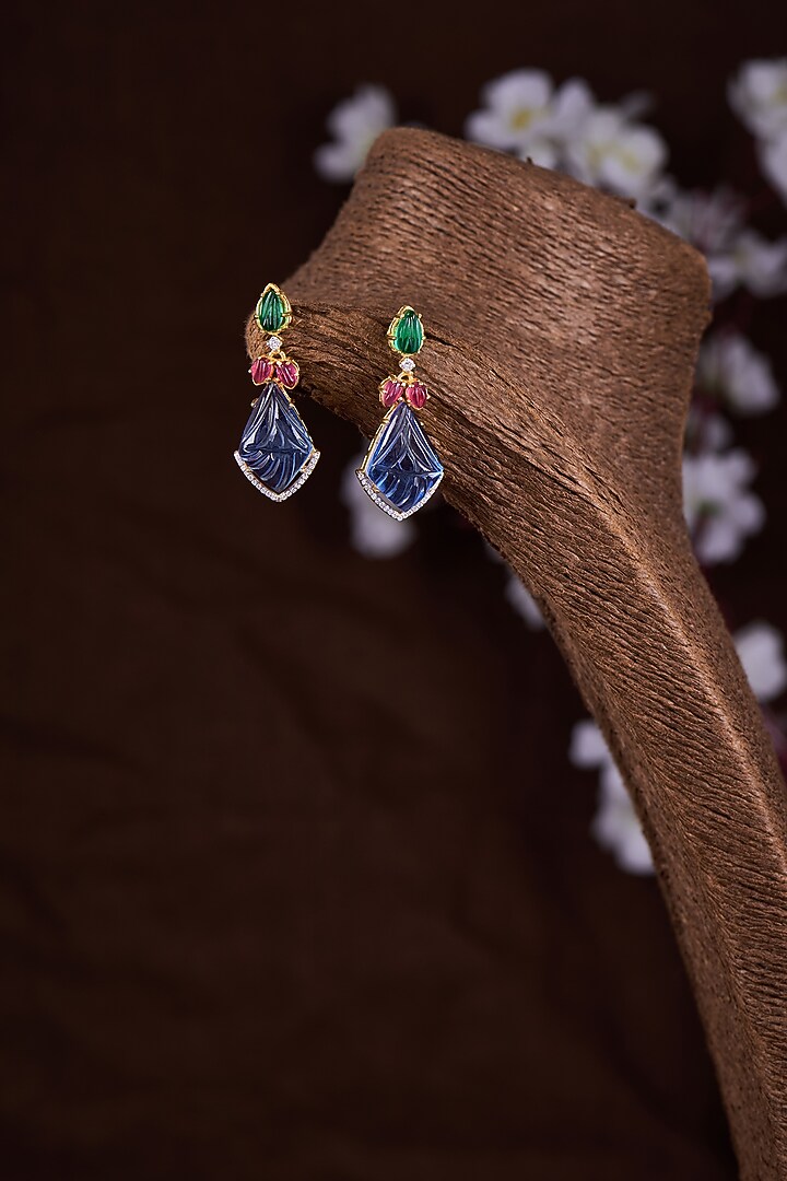 Gold Finish Moissanite Polki & Multi-Colored Stone Dangler Earrings In Sterling Silver by Hunar at Pernia's Pop Up Shop