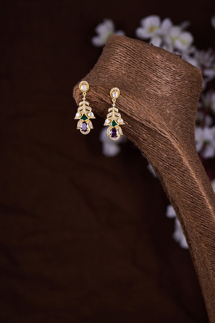 Gold Finish Moissanite Polki & Green Stone Dangler Earrings In Sterling Silver by Hunar at Pernia's Pop Up Shop