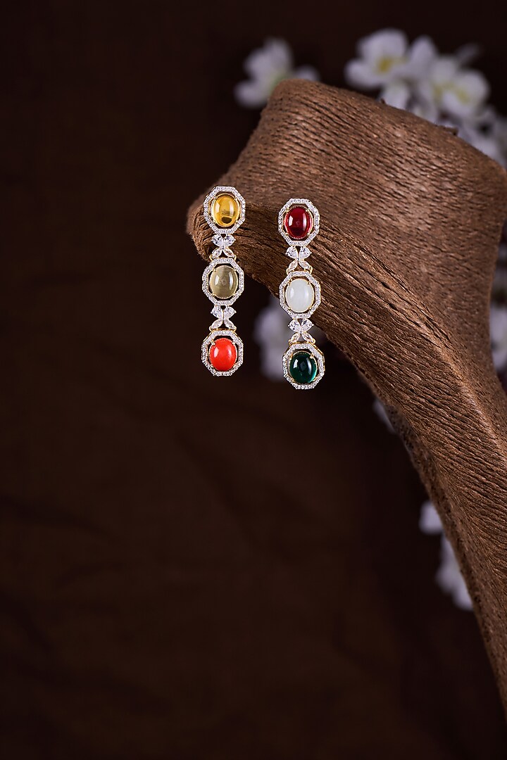 Gold Finish Moissanite Polki & Multi-Colored Stone Dangler Earrings In Sterling Silver by Hunar at Pernia's Pop Up Shop