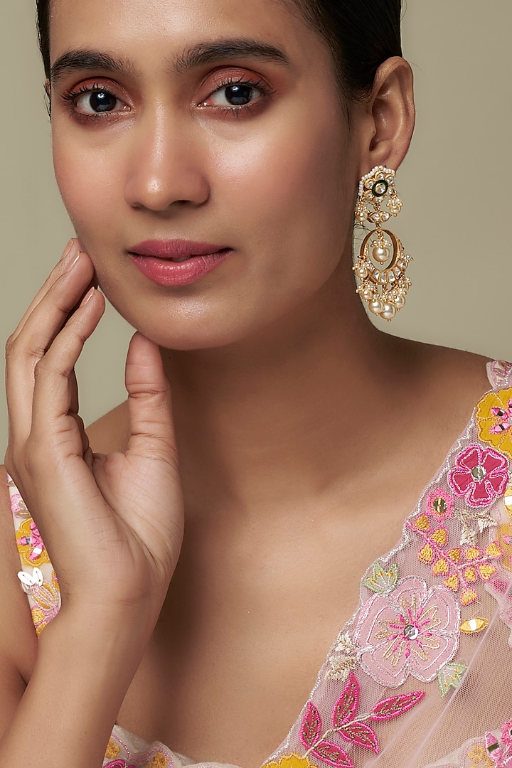 Gold Finish Moissanite Polki & Green Stone Chandbali Earrings In Sterling Silver by Hunar at Pernia's Pop Up Shop