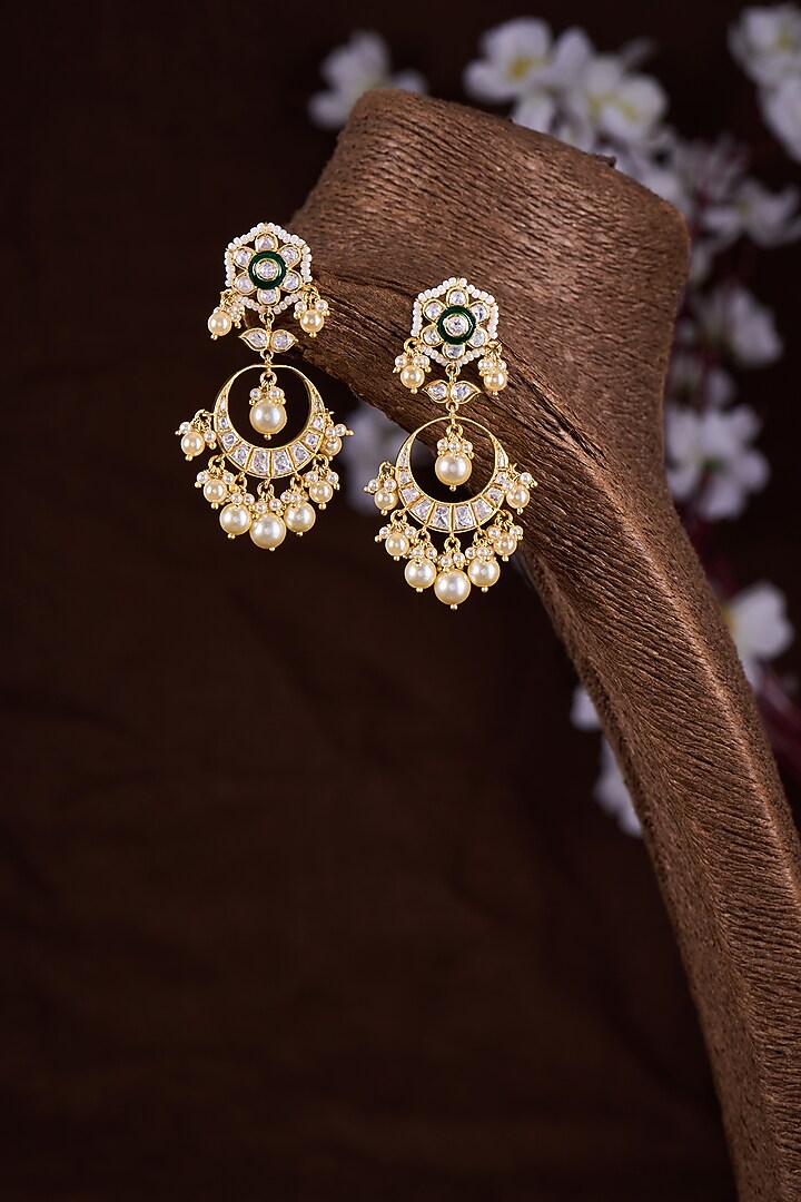 Gold Finish Moissanite Polki & Green Stone Chandbali Earrings In Sterling Silver by Hunar at Pernia's Pop Up Shop