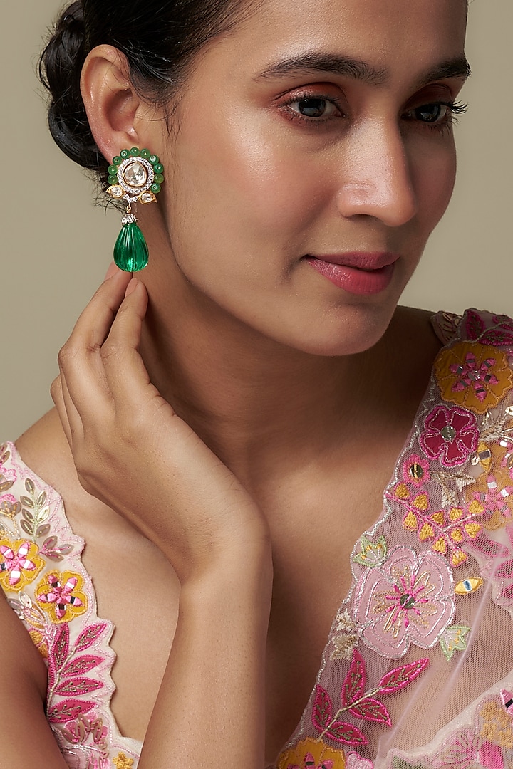 Gold Finish Moissanite Polki & Green Stone Dangler Earrings In Sterling Silver by Hunar at Pernia's Pop Up Shop