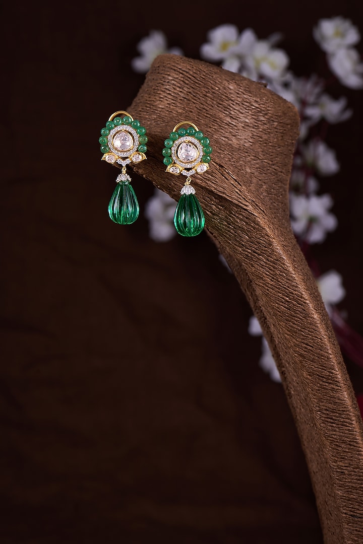 Gold Finish Moissanite Polki & Green Stone Dangler Earrings In Sterling Silver by Hunar at Pernia's Pop Up Shop