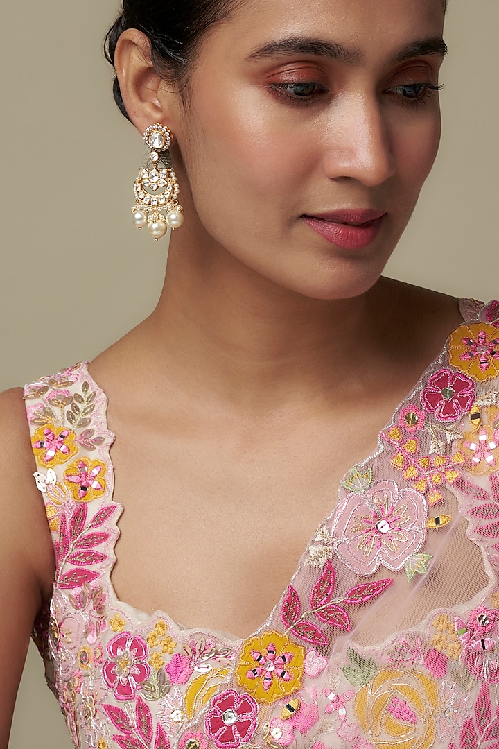 Gold Finish Moissanite Polki Chandbali Earrings In Sterling Silver by Hunar at Pernia's Pop Up Shop