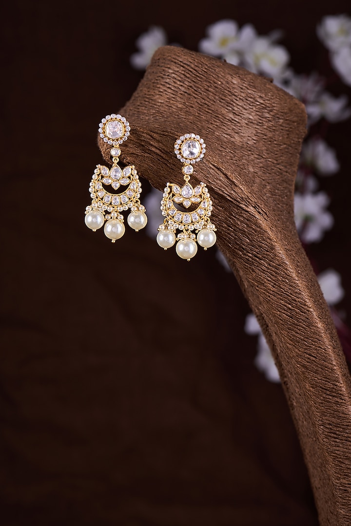 Gold Finish Moissanite Polki Chandbali Earrings In Sterling Silver by Hunar at Pernia's Pop Up Shop