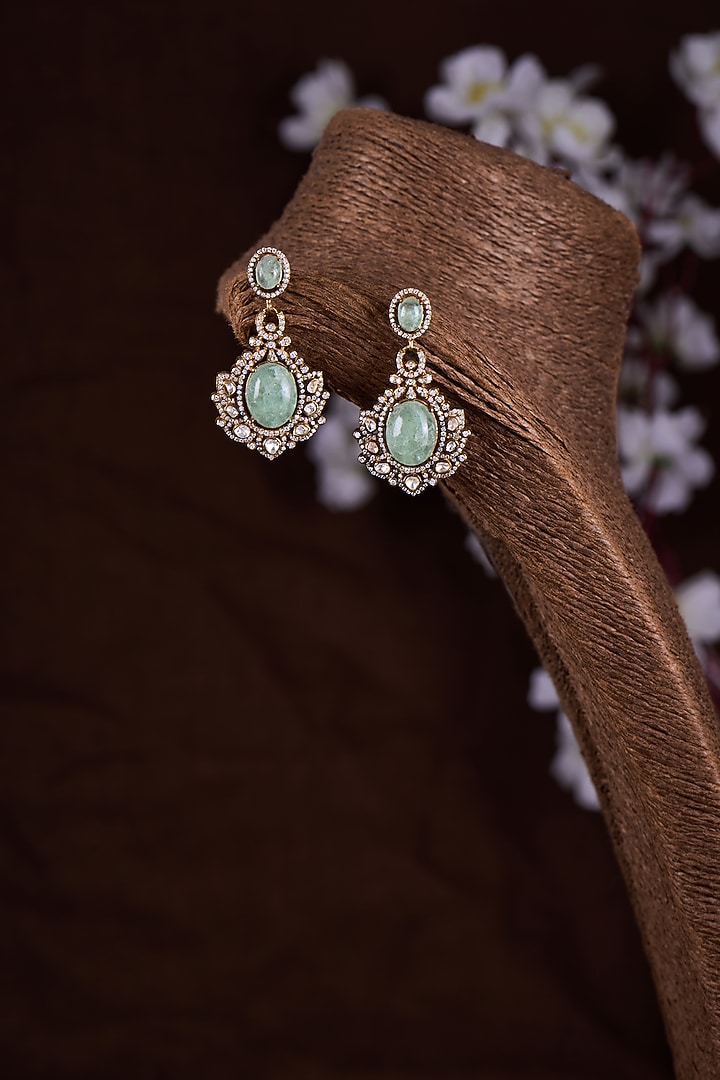 Gold Finish Moissanite Polki & Green Stone Dangler Earrings In Sterling Silver by Hunar at Pernia's Pop Up Shop