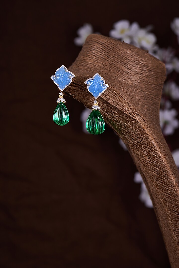 Gold Finish Moissanite Polki & Multi-Colored Stone Dangler Earrings In Sterling Silver by Hunar at Pernia's Pop Up Shop