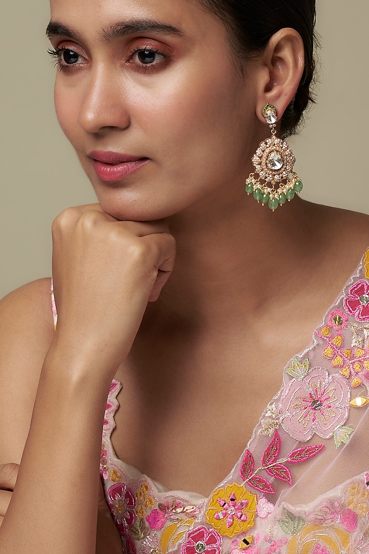 Gold Finish Moissanite Polki & Green Stone Chandbali Earrings In Sterling Silver by Hunar at Pernia's Pop Up Shop