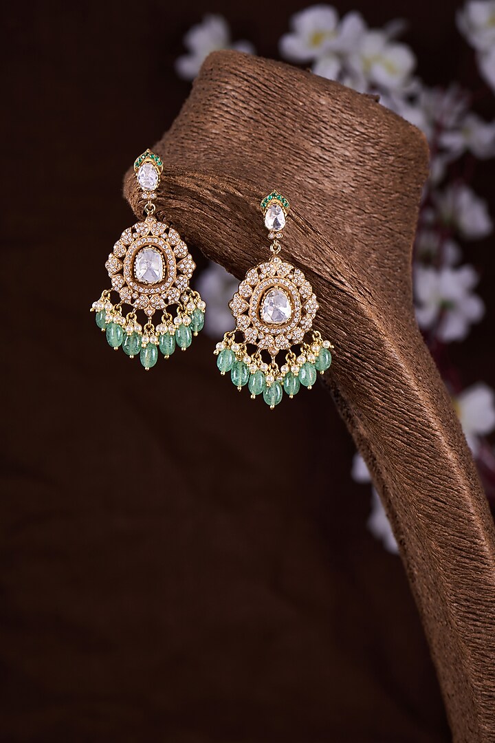 Gold Finish Moissanite Polki & Green Stone Chandbali Earrings In Sterling Silver by Hunar at Pernia's Pop Up Shop