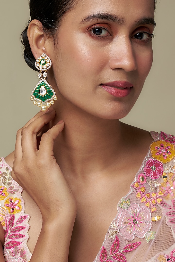 Gold Finish Moissanite Polki & Green Stone Dangler Earrings In Sterling Silver by Hunar at Pernia's Pop Up Shop