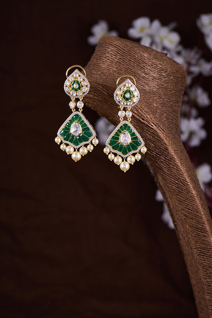 Gold Finish Moissanite Polki & Green Stone Dangler Earrings In Sterling Silver by Hunar at Pernia's Pop Up Shop