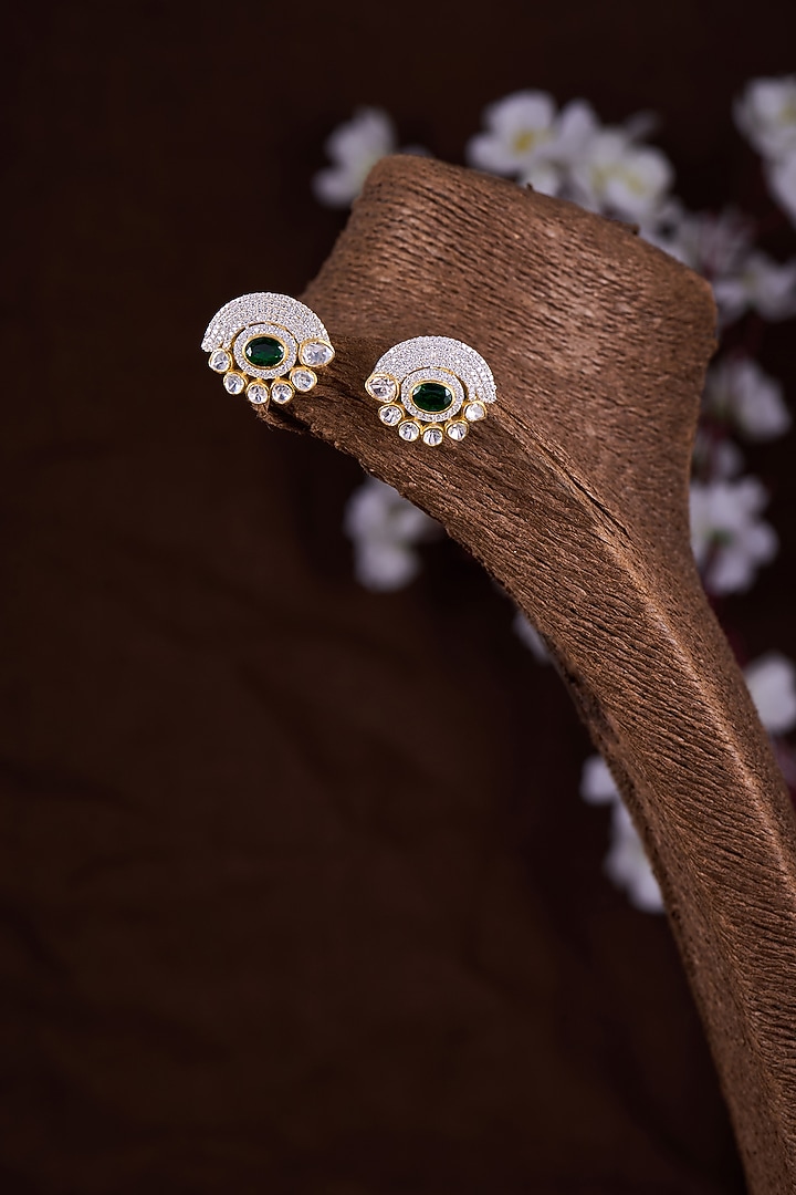 Gold Finish Moissanite Polki & Green Stone Stud Earrings In Sterling Silver by Hunar at Pernia's Pop Up Shop
