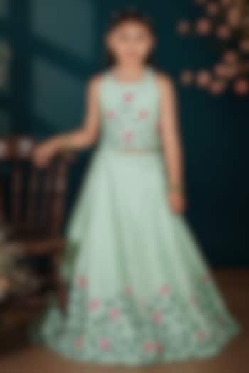 Pista Green Taffeta Silk Floral Embroidered Lehenga Set For Girls by Hooray at Pernia's Pop Up Shop