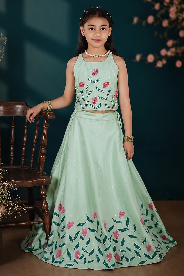 Pista Green Taffeta Silk Floral Embroidered Lehenga Set For Girls by Hooray at Pernia's Pop Up Shop