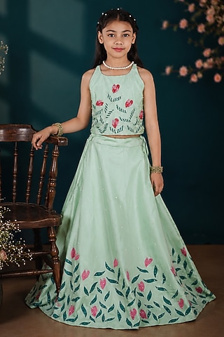 Pista Green Taffeta Silk Floral Embroidered Lehenga Set For Girls by Hooray