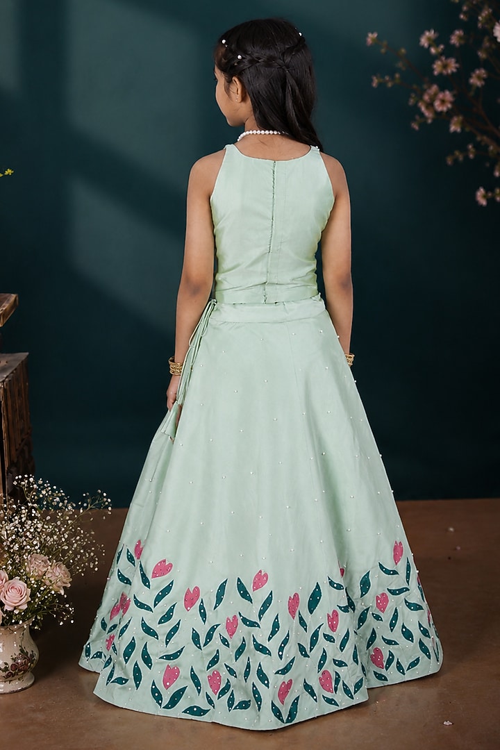 Pista Green Taffeta Silk Floral Embroidered Lehenga Set For Girls by Hooray at Pernia's Pop Up Shop